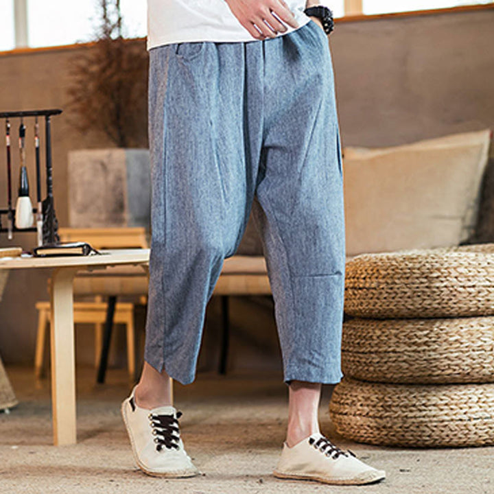 Pantalones casuales de lino y algodón con cintura elástica y bolsillos para hombre, de Buddha Stones, de color liso y con cordón ajustable. - Azul acero - US/UK/AU46, EU56 (5XL) - image 33