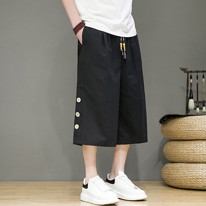 Pantalones cortos casuales de algodón con cordón y bolsillos para hombre, con diseño de botones laterales y Buddha Stones