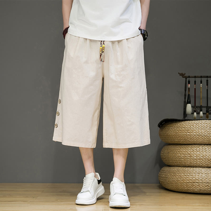 Pantalones cortos casuales de algodón con cordón y bolsillos para hombre, con diseño de botones laterales y Buddha Stones - Beige - US/UK/AU46, EU56 (5XL) - image 0