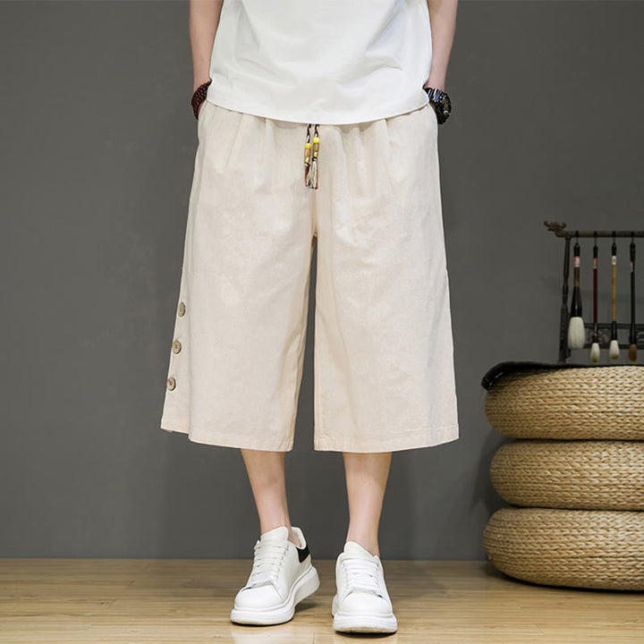 Pantalones cortos casuales de algodón con cordón y bolsillos para hombre, con diseño de botones laterales y Buddha Stones - Beige - US/UK/AU46, EU56 (5XL) - image 0
