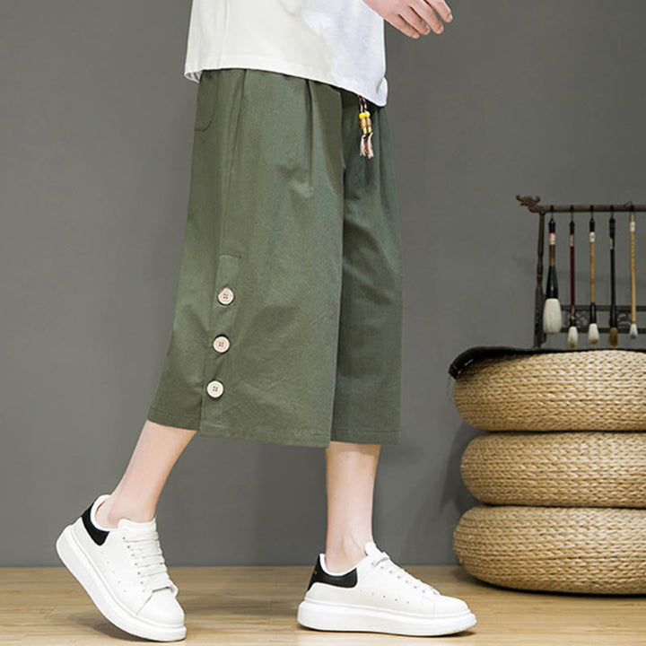 Pantalones cortos casuales de algodón con cordón y bolsillos para hombre, con diseño de botones laterales y Buddha Stones