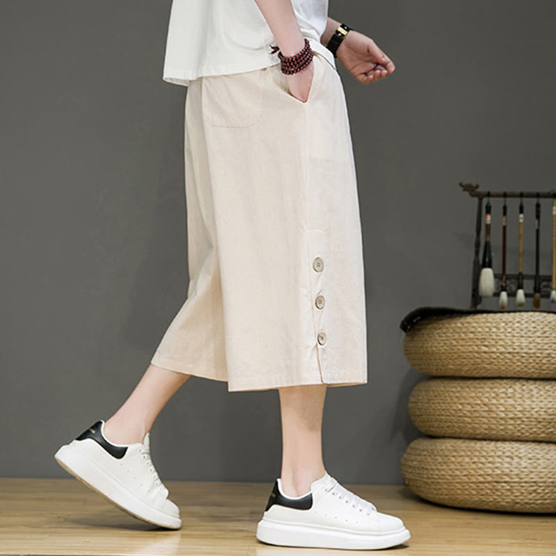 Pantalones cortos casuales de algodón con cordón y bolsillos para hombre, con diseño de botones laterales y Buddha Stones