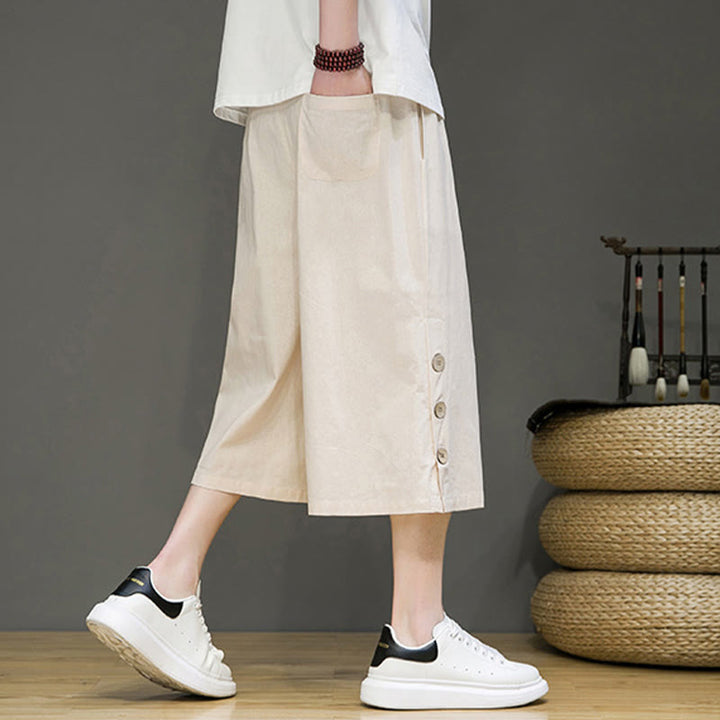 Pantalones cortos casuales de algodón con cordón y bolsillos para hombre, con diseño de botones laterales y Buddha Stones - image 2