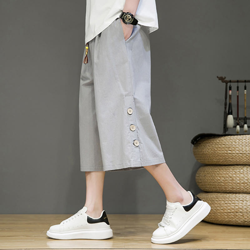 Pantalones cortos casuales de algodón con cordón y bolsillos para hombre, con diseño de botones laterales y Buddha Stones