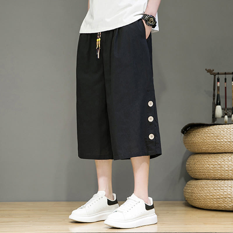 Pantalones cortos casuales de algodón con cordón y bolsillos para hombre, con diseño de botones laterales y Buddha Stones