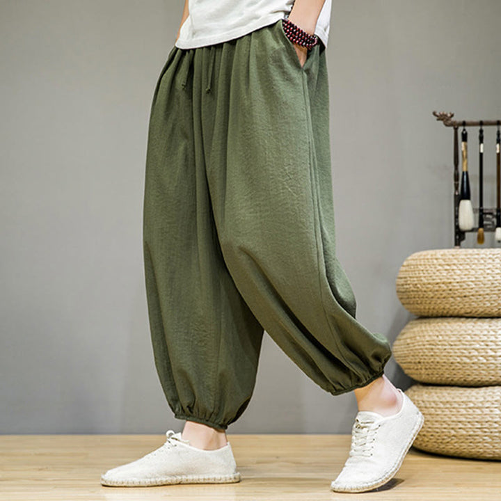 Pantalones harén de algodón con cordón ajustable para hombre, hasta el tobillo, con bolsillos y diseño de Buddha Stones Summer Plain - image 35