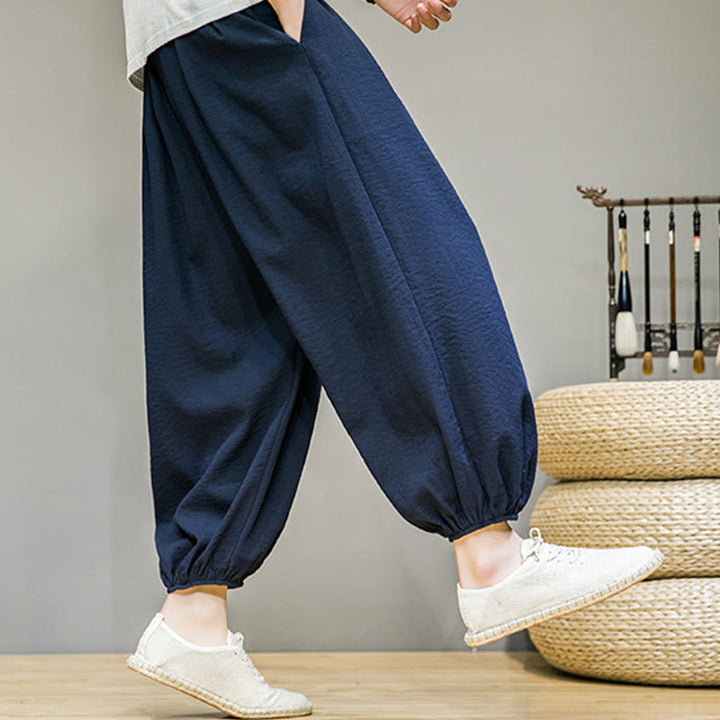 Pantalones harén de algodón con cordón ajustable para hombre, hasta el tobillo, con bolsillos y diseño de Buddha Stones Summer Plain - image 3