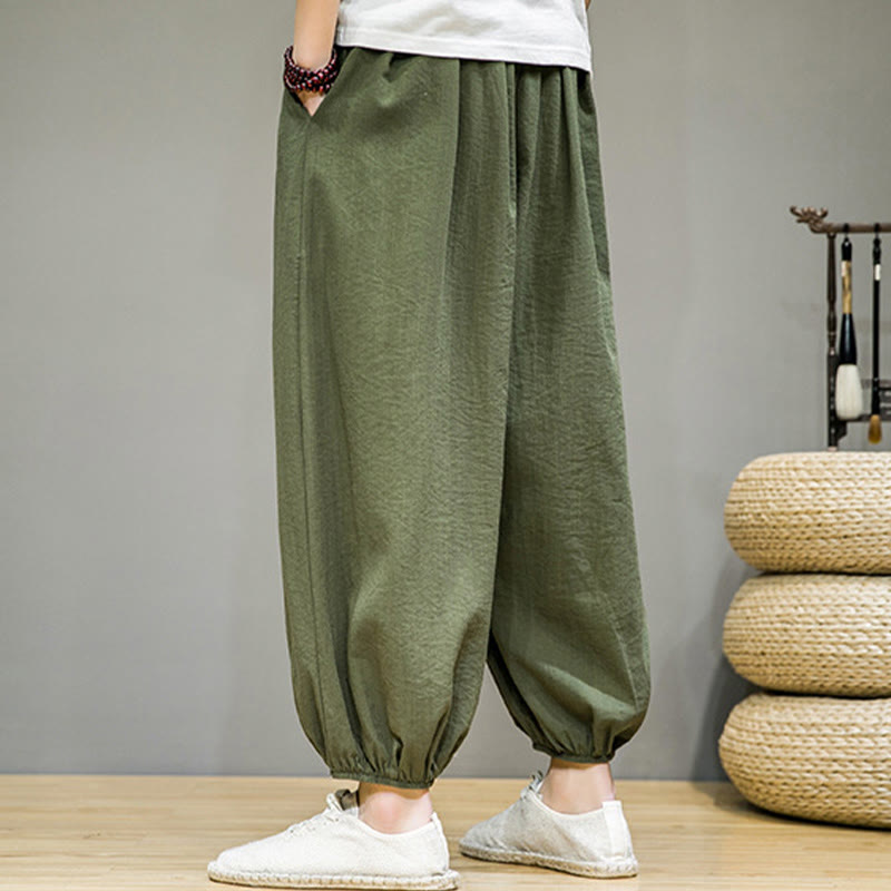 Pantalones harén de algodón con cordón ajustable para hombre, hasta el tobillo, con bolsillos y diseño de Buddha Stones Summer Plain - image 33