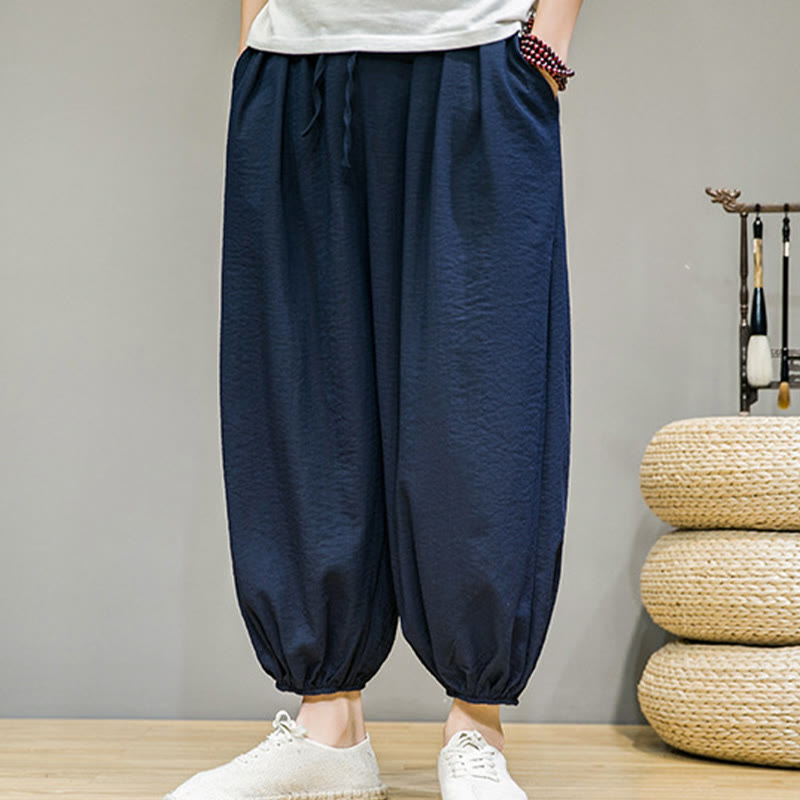 Pantalones harén de algodón con cordón ajustable para hombre, hasta el tobillo, con bolsillos y diseño de Buddha Stones Summer Plain - image 1