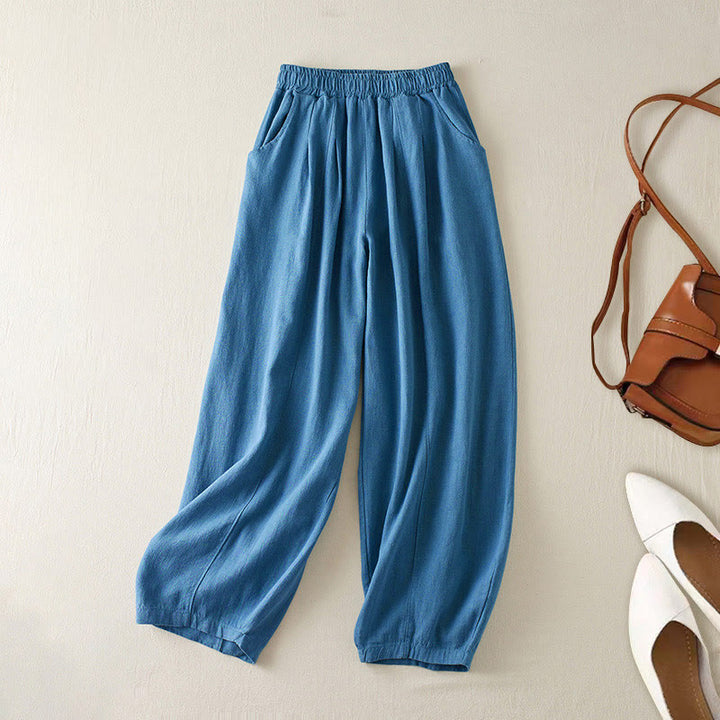 Pantalones de lino y algodón de color liso para mujer con bolsillos y Buddha Stones - Azul acero - US8-10，UK/AU12-14，EU40-42 (2XL) - image 16