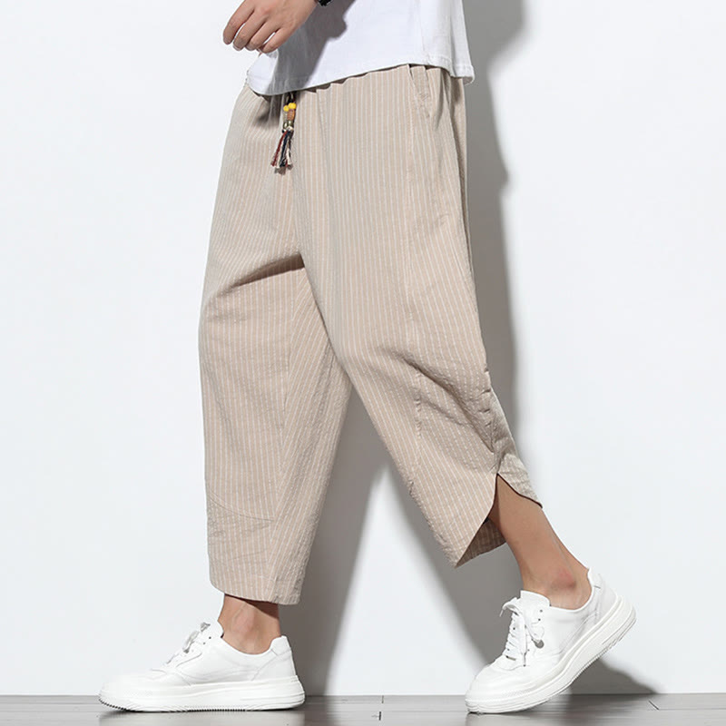 Pantalones harén de lino y algodón con cordón ajustable para hombre, de verano, con diseño de rayas de Buddha Stones , de longitud 7-8 y bolsillos - image 3