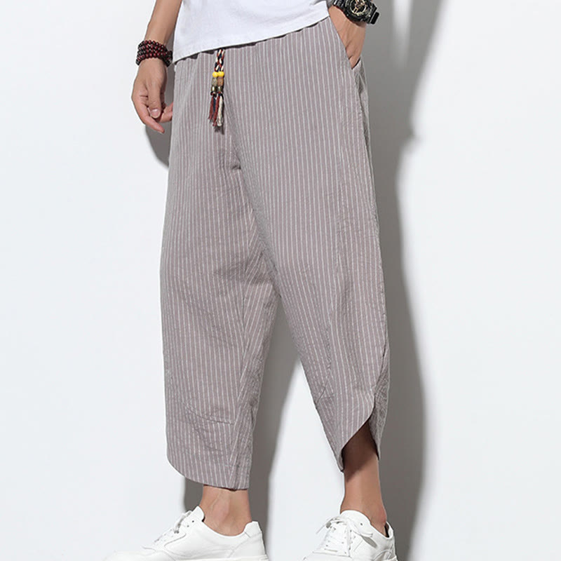 Pantalones harén de lino y algodón con cordón ajustable para hombre, de verano, con diseño de rayas de Buddha Stones , de longitud 7-8 y bolsillos - image 23