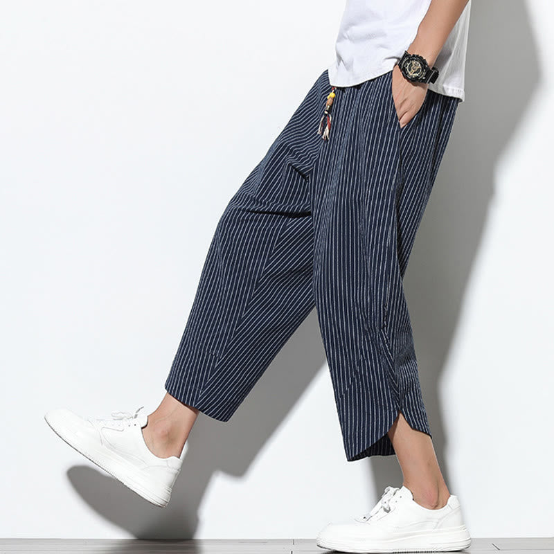 Pantalones harén de lino y algodón con cordón ajustable para hombre, de verano, con diseño de rayas de Buddha Stones , de longitud 7-8 y bolsillos - image 36