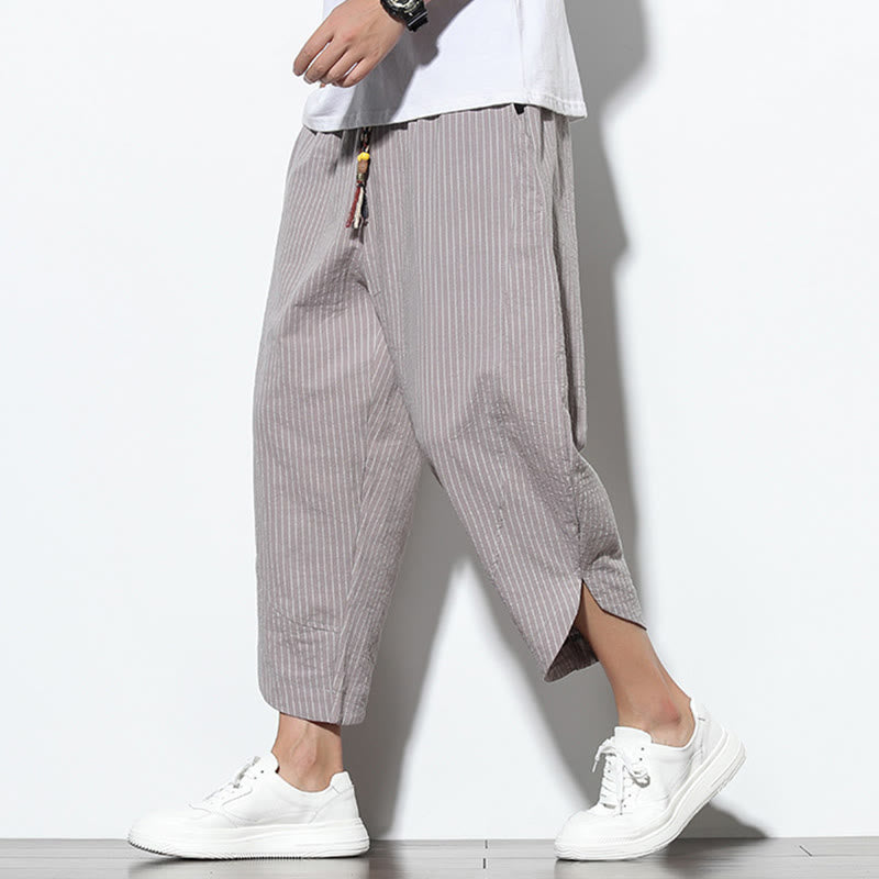 Pantalones harén de lino y algodón con cordón ajustable para hombre, de verano, con diseño de rayas de Buddha Stones , de longitud 7-8 y bolsillos - Gris oscuro - US/UK/AU46, EU56 (5XL) - image 22