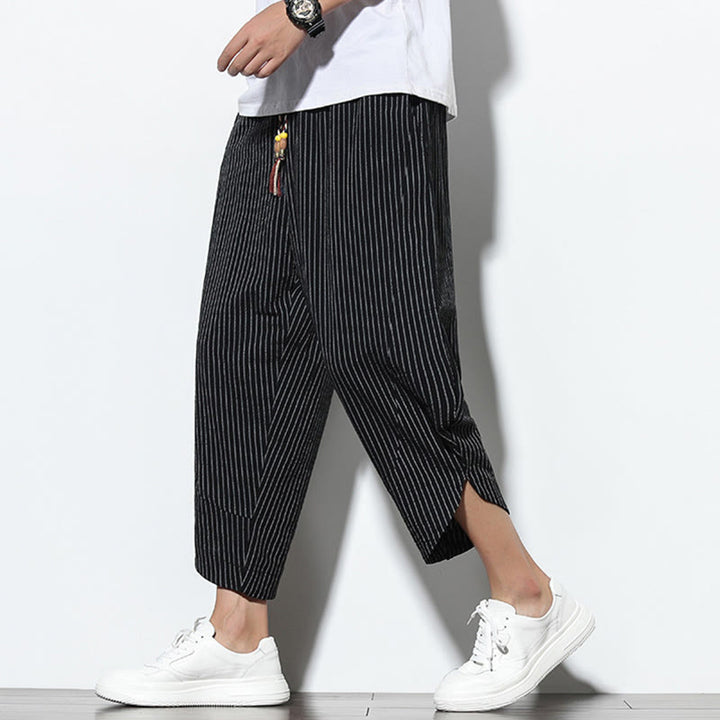 Pantalones harén de lino y algodón con cordón ajustable para hombre, de verano, con diseño de rayas de Buddha Stones , de longitud 7-8 y bolsillos - Negro - US/UK/AU46, EU56 (5XL) - image 9