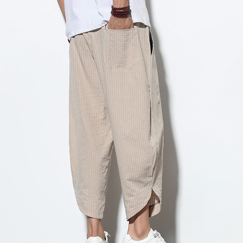 Pantalones harén de lino y algodón con cordón ajustable para hombre, de verano, con diseño de rayas de Buddha Stones , de longitud 7-8 y bolsillos - image 8