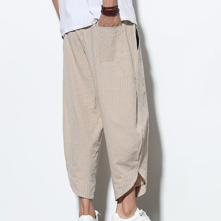 Pantalones harén de lino y algodón con cordón ajustable para hombre, de verano, con diseño de rayas de Buddha Stones , de longitud 7-8 y bolsillos - image 8