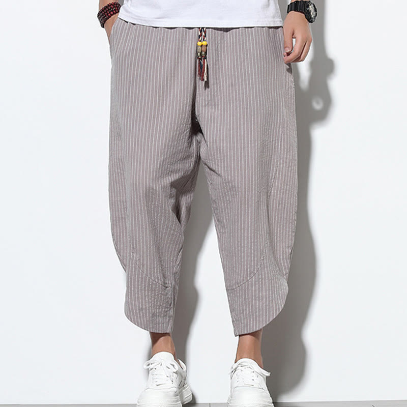 Pantalones harén de lino y algodón con cordón ajustable para hombre, de verano, con diseño de rayas de Buddha Stones , de longitud 7-8 y bolsillos - image 24