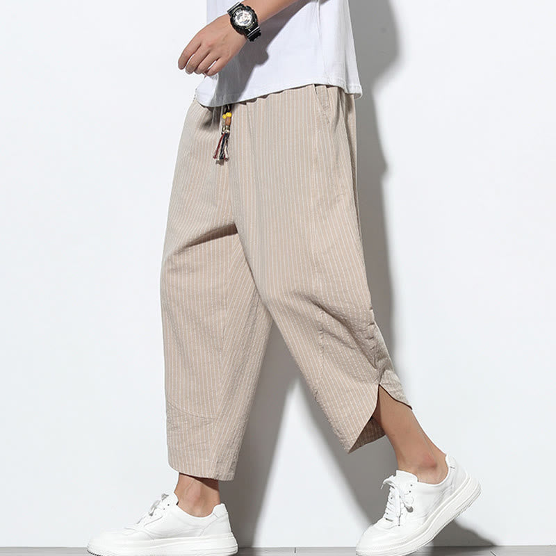 Pantalones harén de lino y algodón con cordón ajustable para hombre, de verano, con diseño de rayas de Buddha Stones , de longitud 7-8 y bolsillos - image 1