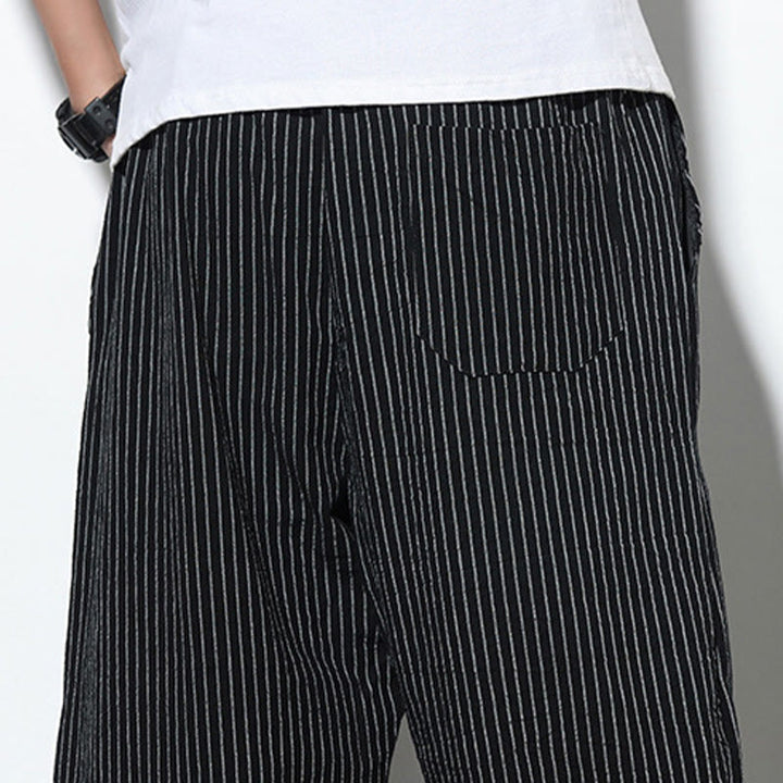 Pantalones harén de lino y algodón con cordón ajustable para hombre, de verano, con diseño de rayas de Buddha Stones , de longitud 7-8 y bolsillos - image 19