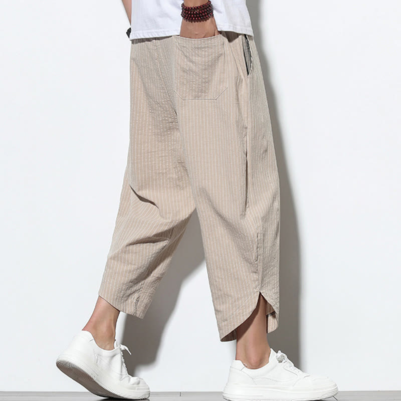 Pantalones harén de lino y algodón con cordón ajustable para hombre, de verano, con diseño de rayas de Buddha Stones , de longitud 7-8 y bolsillos - image 4