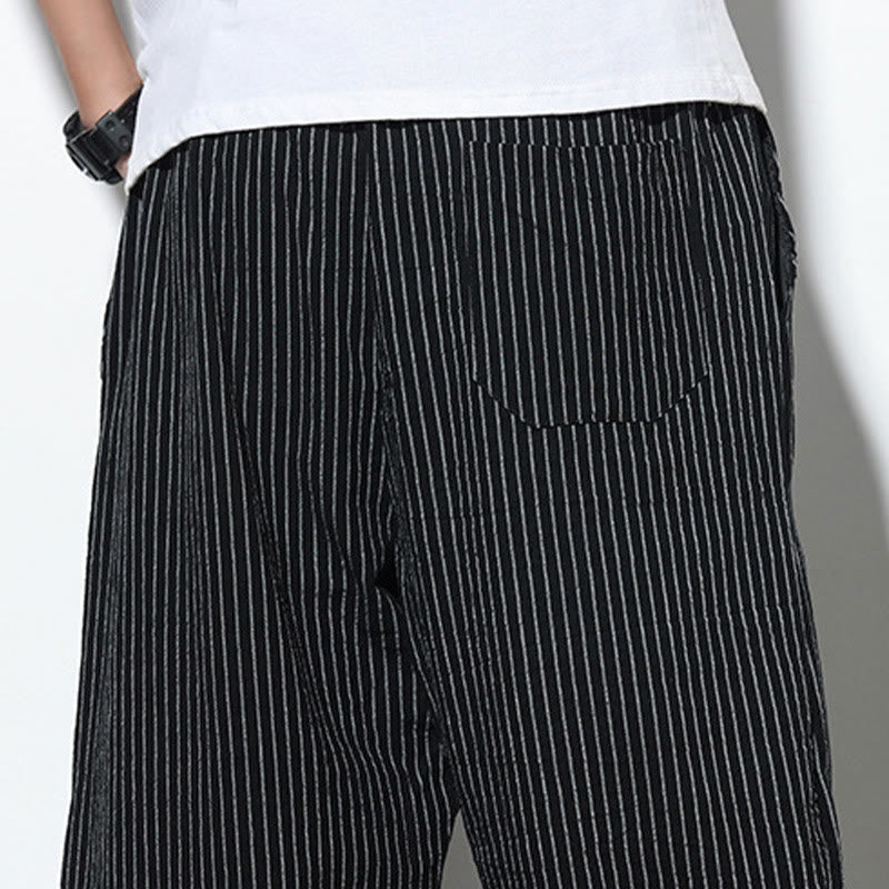 Pantalones harén de lino y algodón con cordón ajustable para hombre, de verano, con diseño de rayas de Buddha Stones , de longitud 7-8 y bolsillos - image 19