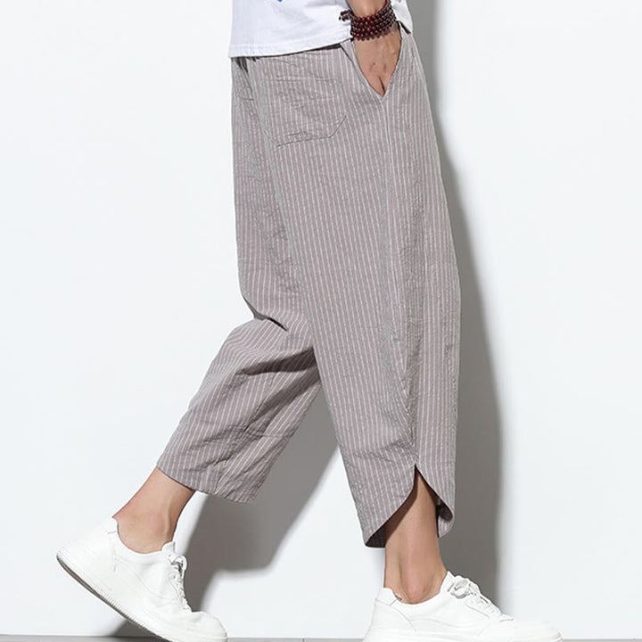 Pantalones harén de lino y algodón con cordón ajustable para hombre, de verano, con diseño de rayas de Buddha Stones , de longitud 7-8 y bolsillos - image 29