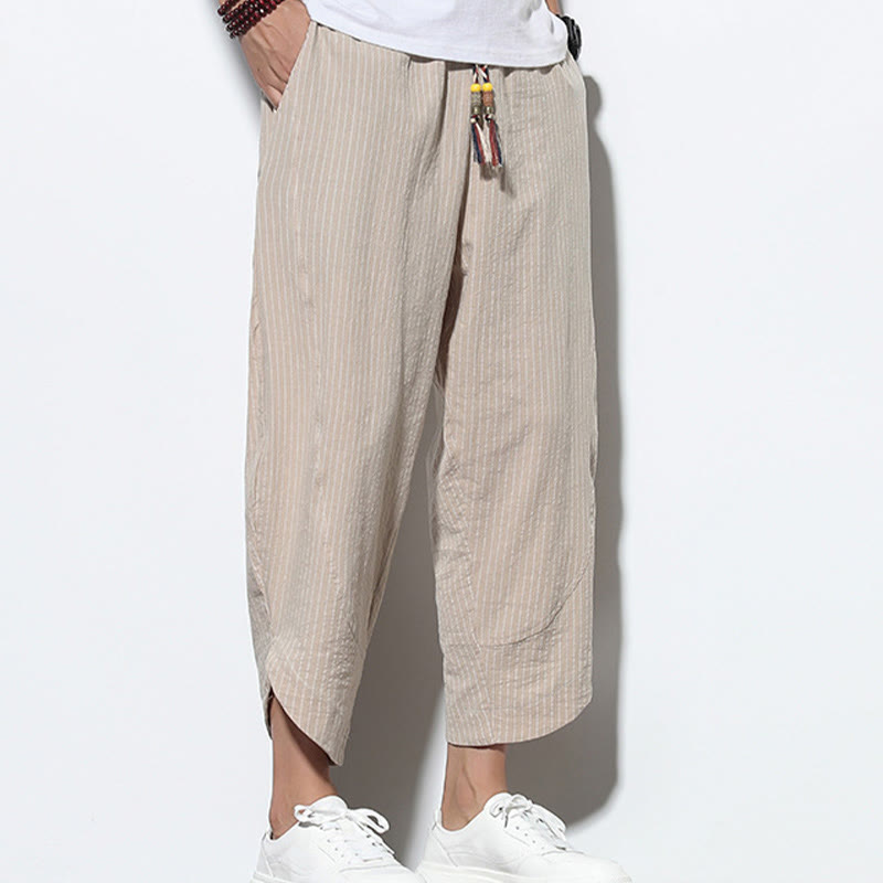 Pantalones harén de lino y algodón con cordón ajustable para hombre, de verano, con diseño de rayas de Buddha Stones , de longitud 7-8 y bolsillos - image 5