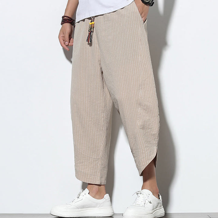 Pantalones harén de lino y algodón con cordón ajustable para hombre, de verano, con diseño de rayas de Buddha Stones , de longitud 7-8 y bolsillos - image 6
