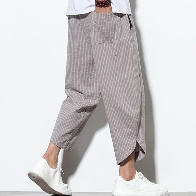 Pantalones harén de lino y algodón con cordón ajustable para hombre, de verano, con diseño de rayas de Buddha Stones , de longitud 7-8 y bolsillos - image 28