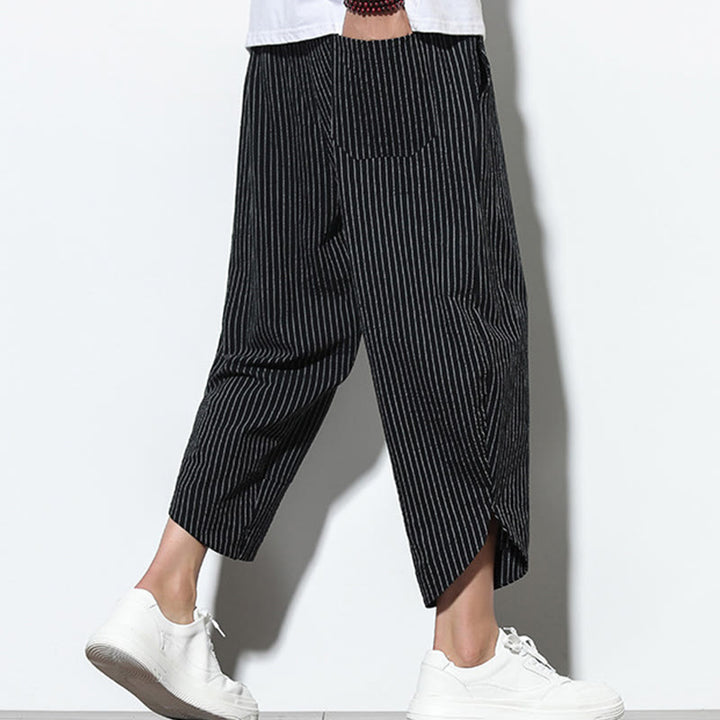 Pantalones harén de lino y algodón con cordón ajustable para hombre, de verano, con diseño de rayas de Buddha Stones , de longitud 7-8 y bolsillos - image 11