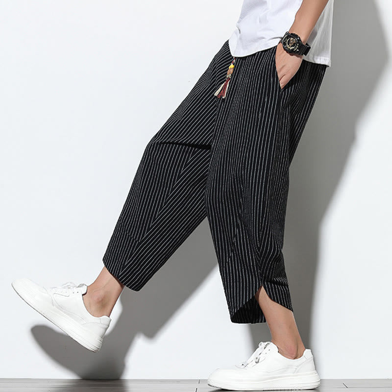 Pantalones harén de lino y algodón con cordón ajustable para hombre, de verano, con diseño de rayas de Buddha Stones , de longitud 7-8 y bolsillos - image 16
