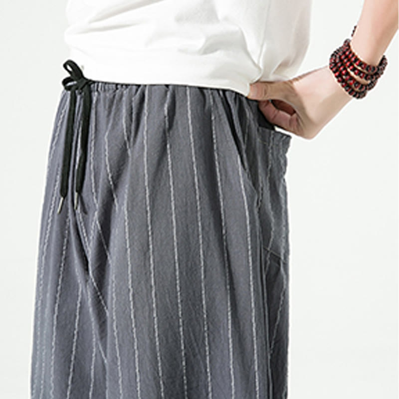 Pantalones Buddha Stones de lino y algodón con bolsillos para hombre, informales, con estampado de rayas lisas y cordón ajustable, de largo 7-8 - image 15