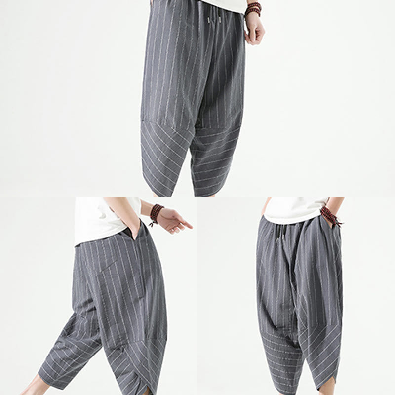 Pantalones Buddha Stones de lino y algodón con bolsillos para hombre, informales, con estampado de rayas lisas y cordón ajustable, de largo 7-8 - image 18