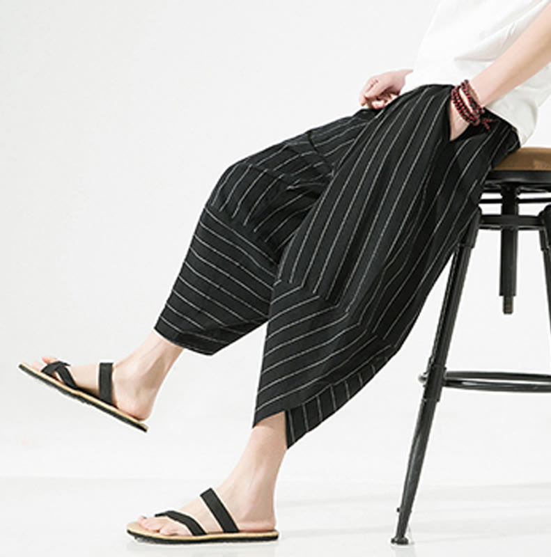 Pantalones Buddha Stones de lino y algodón con bolsillos para hombre, informales, con estampado de rayas lisas y cordón ajustable, de largo 7-8 - image 5