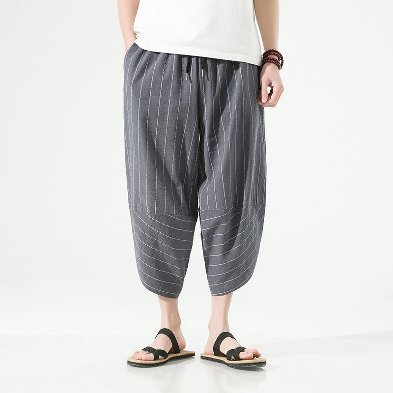 Pantalones Buddha Stones de lino y algodón con bolsillos para hombre, informales, con estampado de rayas lisas y cordón ajustable, de largo 7-8 - image 10