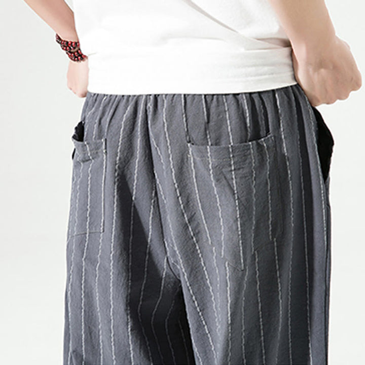 Pantalones Buddha Stones de lino y algodón con bolsillos para hombre, informales, con estampado de rayas lisas y cordón ajustable, de largo 7-8 - image 16