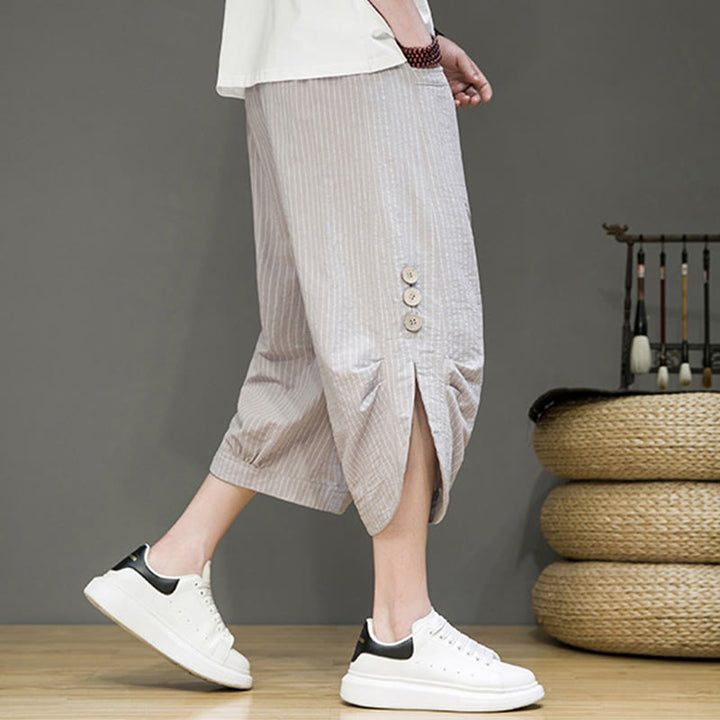 Pantalones harén de algodón para hombre, informales, con diseño de rayas blancas y botones con cordón y bolsillos - Gris claro - US/UK/AU46, EU56 (5XL) - image 0