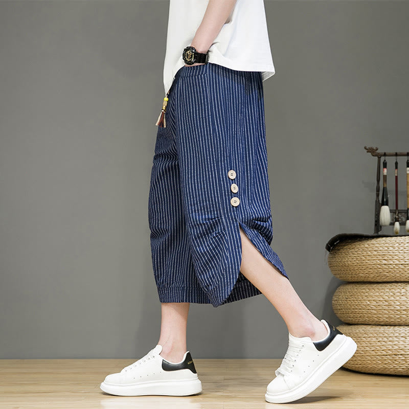 Pantalones harén de algodón para hombre, informales, con diseño de rayas blancas y botones con cordón y bolsillos - Azul oscuro - US/UK/AU46, EU56 (5XL) - image 26