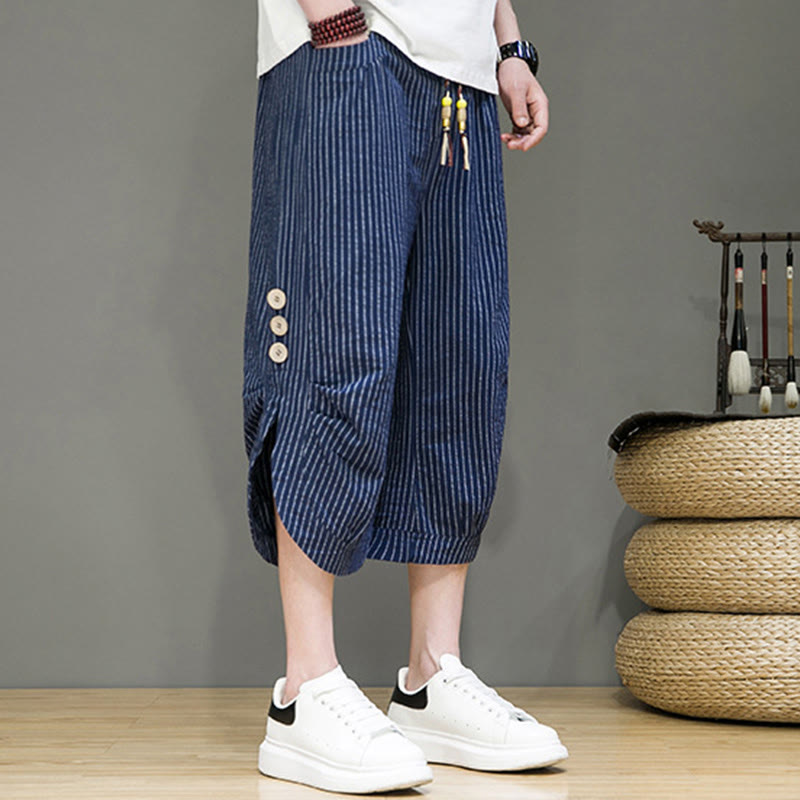 Pantalones harén de algodón para hombre, informales, con diseño de rayas blancas y botones con cordón y bolsillos - image 30