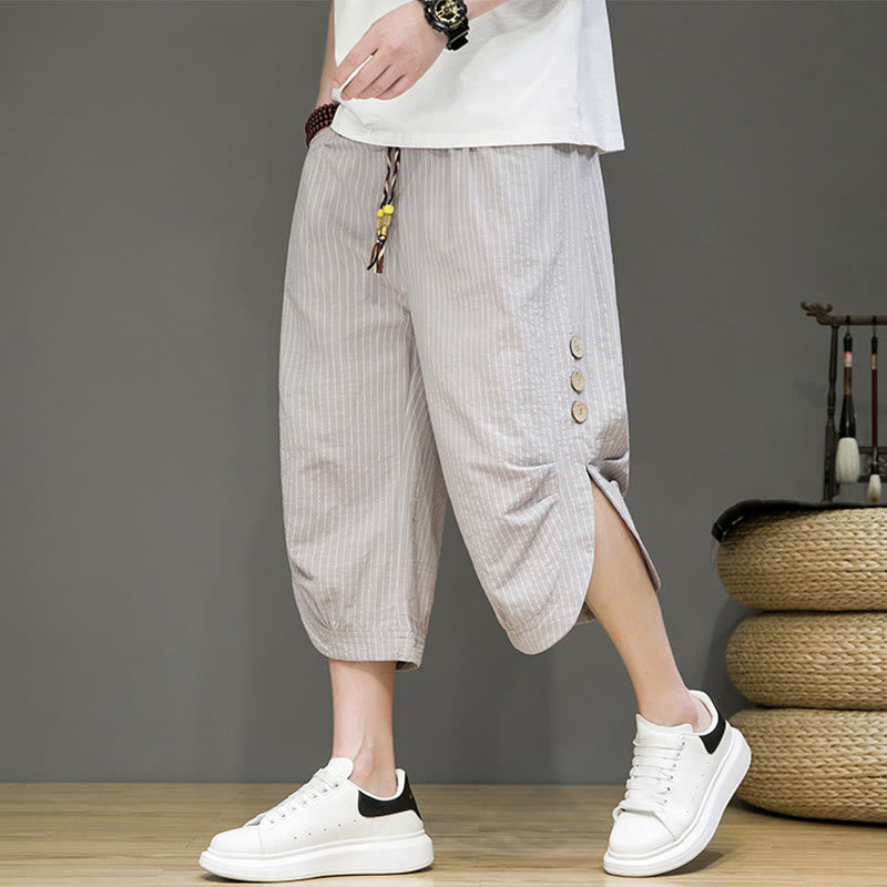 Pantalones harén de algodón para hombre, informales, con diseño de rayas blancas y botones con cordón y bolsillos - image 1