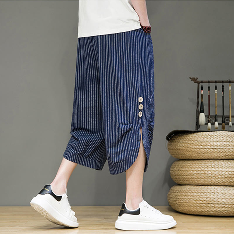 Pantalones harén de algodón para hombre, informales, con diseño de rayas blancas y botones con cordón y bolsillos - image 29