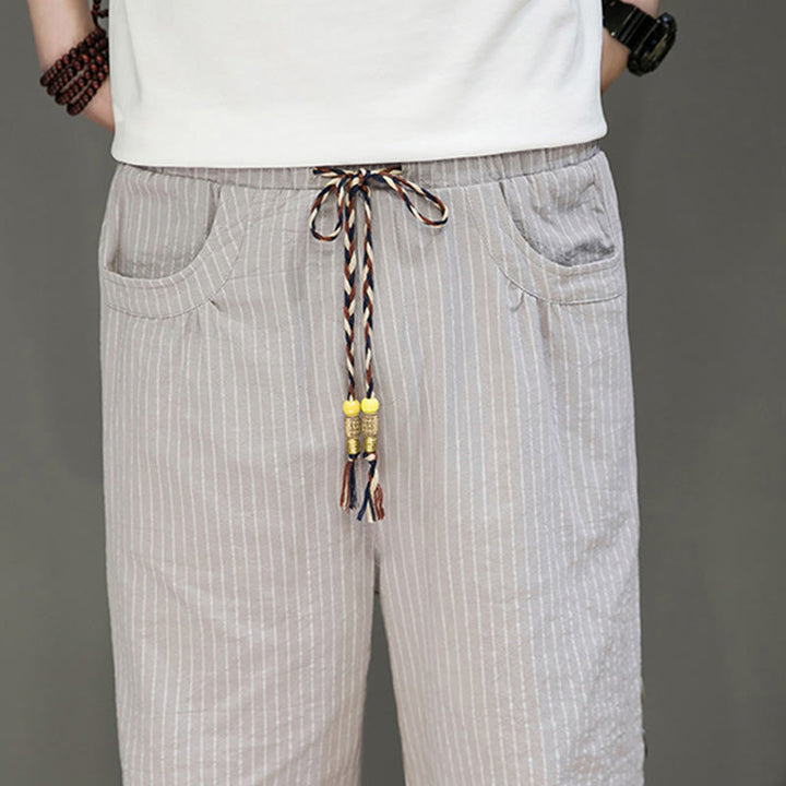 Pantalones harén de algodón para hombre, informales, con diseño de rayas blancas y botones con cordón y bolsillos - image 8