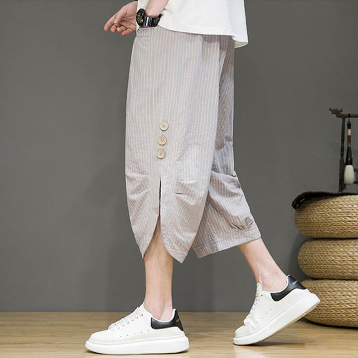Pantalones harén de algodón para hombre, informales, con diseño de rayas blancas y botones con cordón y bolsillos - image 4
