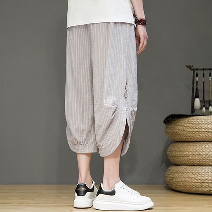 Pantalones harén de algodón para hombre, informales, con diseño de rayas blancas y botones con cordón y bolsillos - image 5