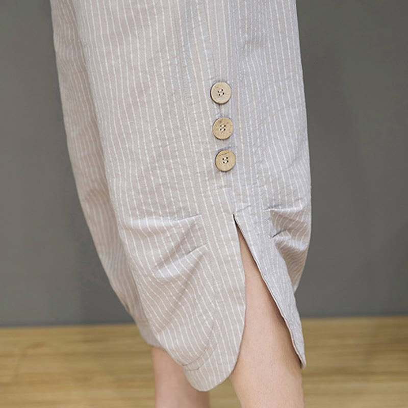 Pantalones harén de algodón para hombre, informales, con diseño de rayas blancas y botones con cordón y bolsillos - image 10