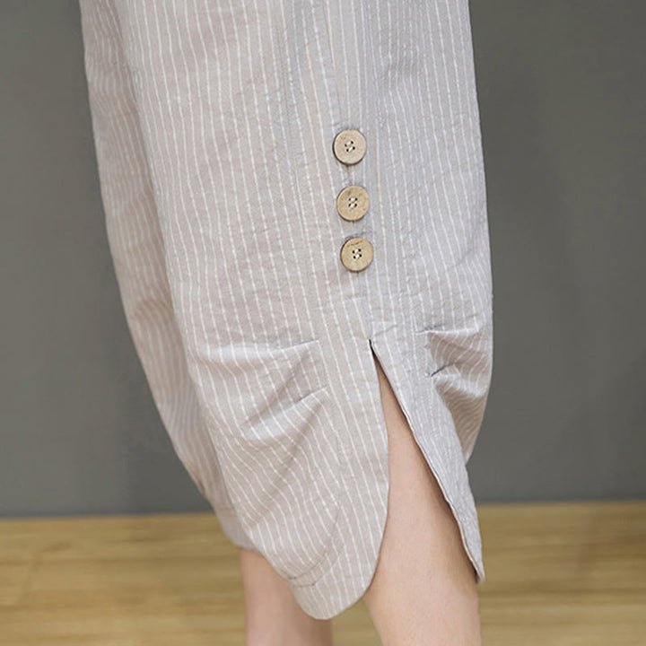 Pantalones harén de algodón para hombre, informales, con diseño de rayas blancas y botones con cordón y bolsillos - image 10