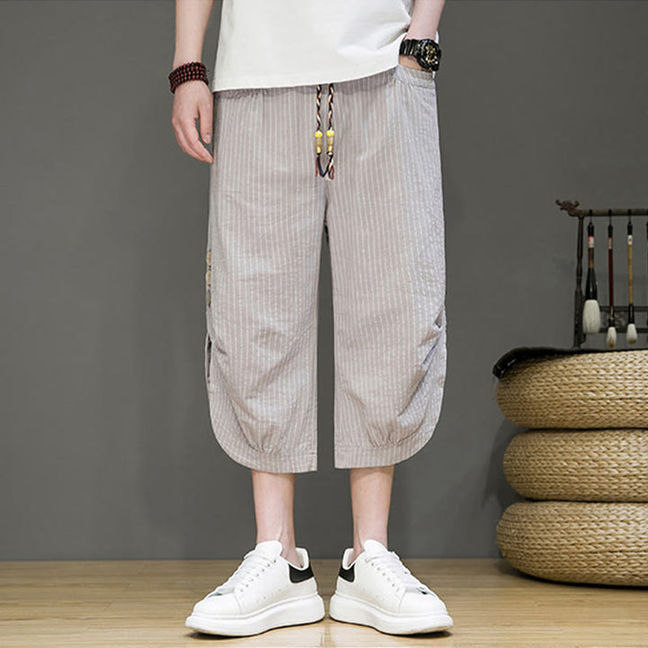 Pantalones harén de algodón para hombre, informales, con diseño de rayas blancas y botones con cordón y bolsillos - image 2