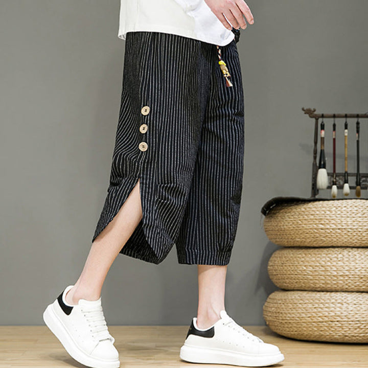 Pantalones harén de algodón para hombre, informales, con diseño de rayas blancas y botones con cordón y bolsillos - image 16