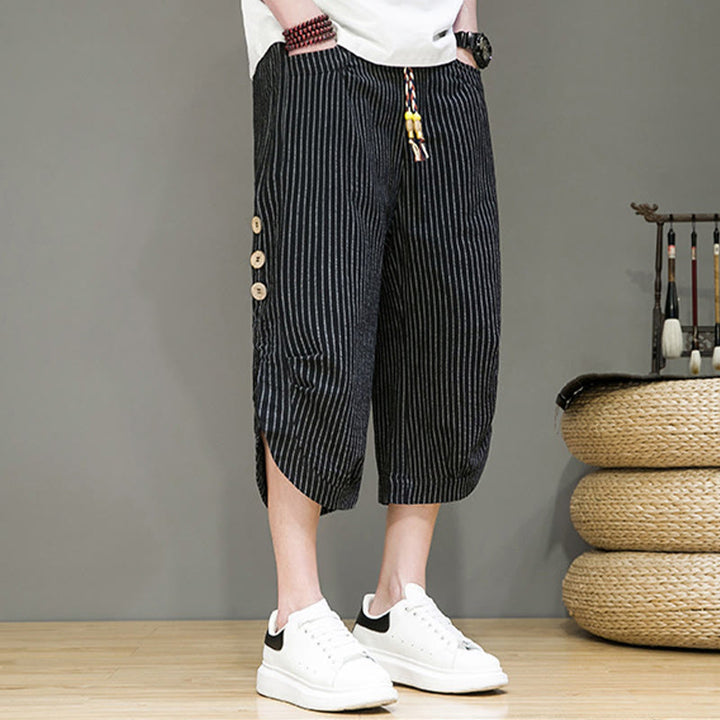Pantalones harén de algodón para hombre, informales, con diseño de rayas blancas y botones con cordón y bolsillos - image 17